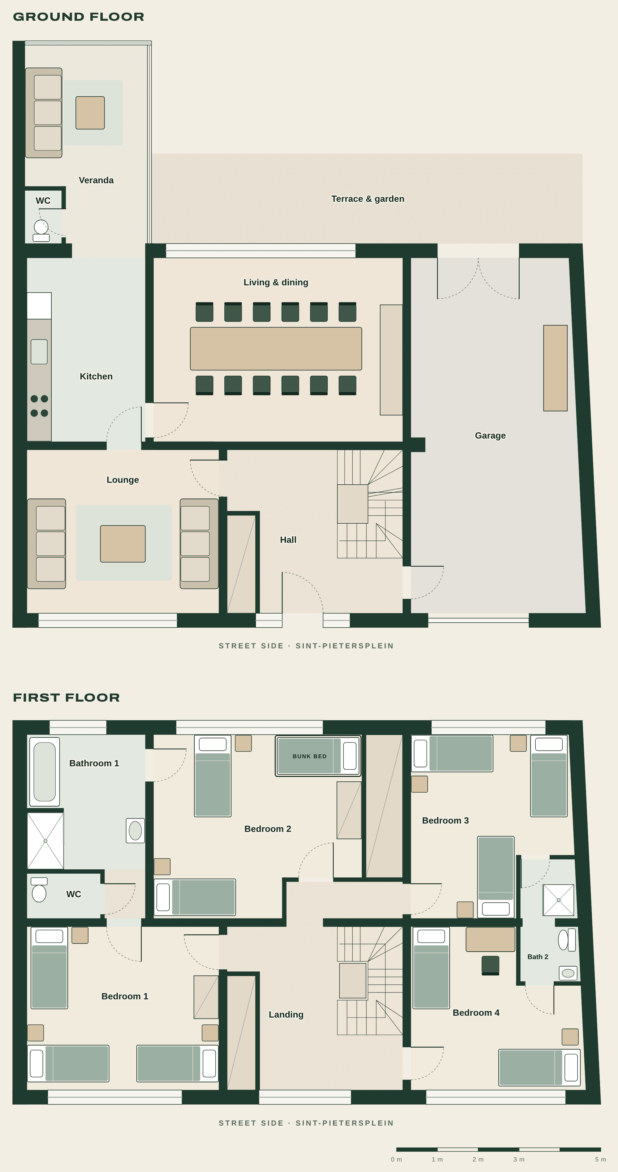 House 2: furnished floor plan of the ground floor and first floor