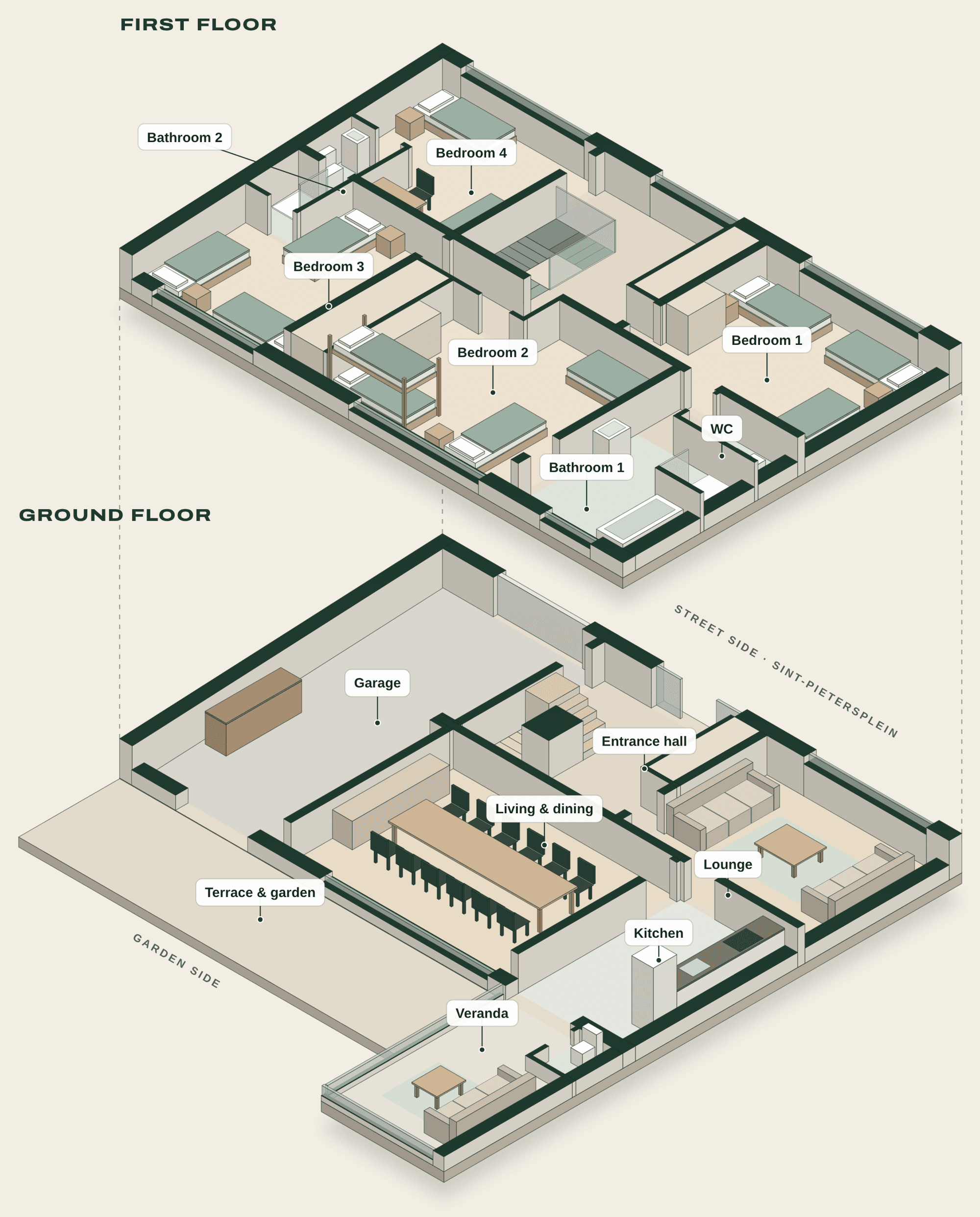 House 2: 3D drawing of the ground floor and first floor with room names
